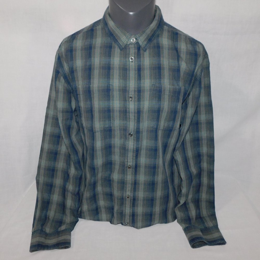 PRANA Holton Long Sleeve Blue Green Plaid Button Front Shirt Mens XL